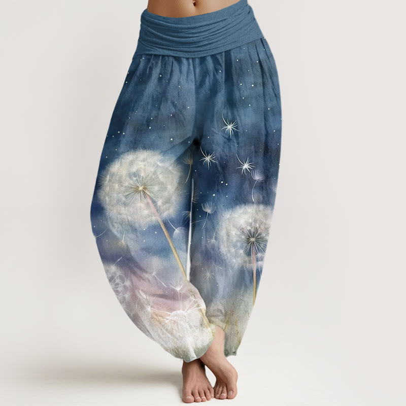Spodnie haremki damskie z elastycznej talii z motywem mniszka lekarskiego i bawełny z Buddha Stones - Stalowoniebieski - US22, UK/AU26, EU54 (6XL) - image 4
