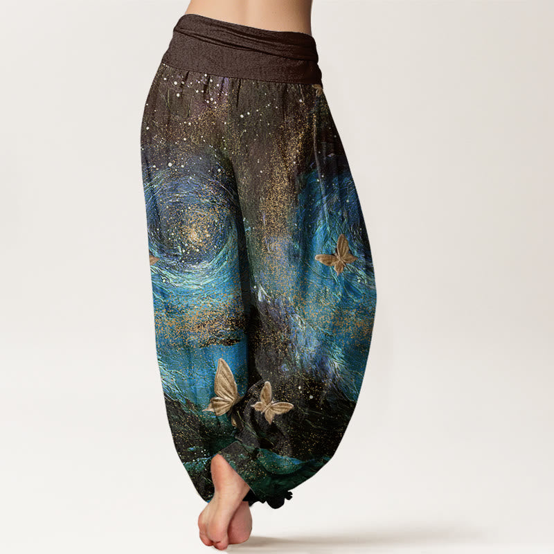 Buddha Stones Casual Mgławice Motyl Wzór Damskie Spodnie Harem Elastyczna Talia - image 9