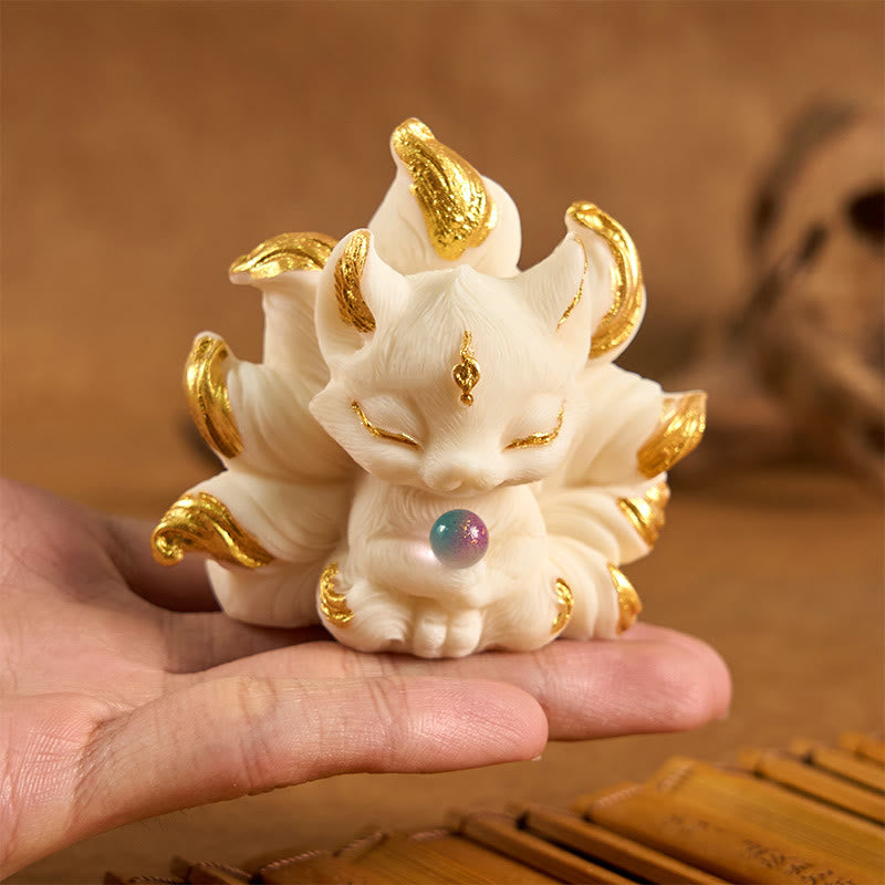 Buddha Stones Mały Dziewięcioogonowy Lis Rzeźbiony Kość Słoniowa Owoce Wsparcie Dekoracja Domu
