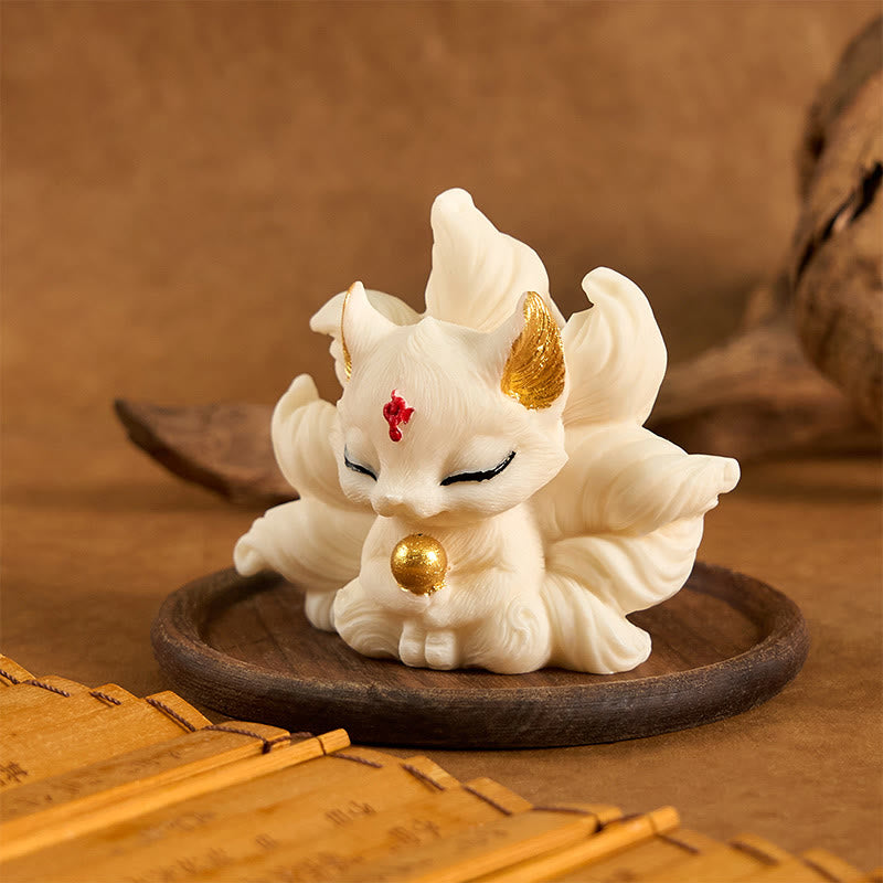 Buddha Stones Mały Dziewięcioogonowy Lis Rzeźbiony Kość Słoniowa Owoce Wsparcie Dekoracja Domu