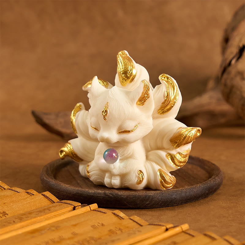 Buddha Stones Mały Dziewięcioogonowy Lis Rzeźbiony Kość Słoniowa Owoce Wsparcie Dekoracja Domu