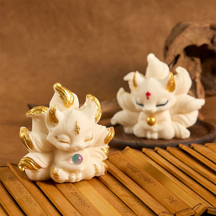 Buddha Stones Mały Dziewięcioogonowy Lis Rzeźbiony Kość Słoniowa Owoce Wsparcie Dekoracja Domu