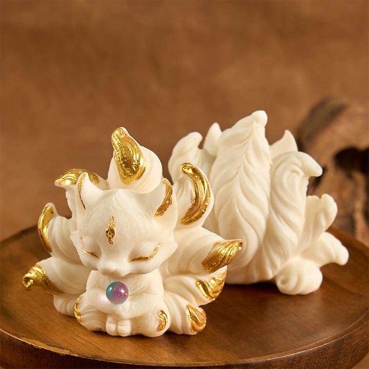 Buddha Stones Mały Dziewięcioogonowy Lis Rzeźbiony Kość Słoniowa Owoce Wsparcie Dekoracja Domu