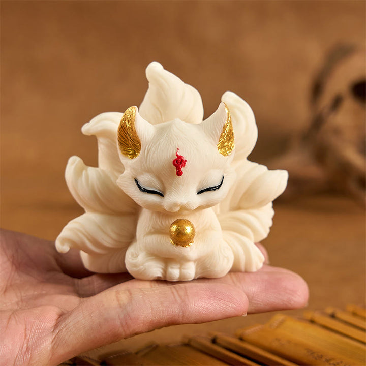 Buddha Stones Mały Dziewięcioogonowy Lis Rzeźbiony Kość Słoniowa Owoce Wsparcie Dekoracja Domu