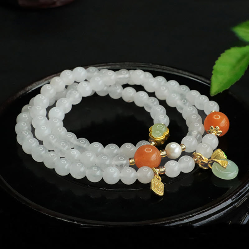 Buddha Stones Naturalny Biały Jadeit Wielowarstwowa Tykwa Klamra Pokoju Fu Charakter Bransoletka Szczęścia