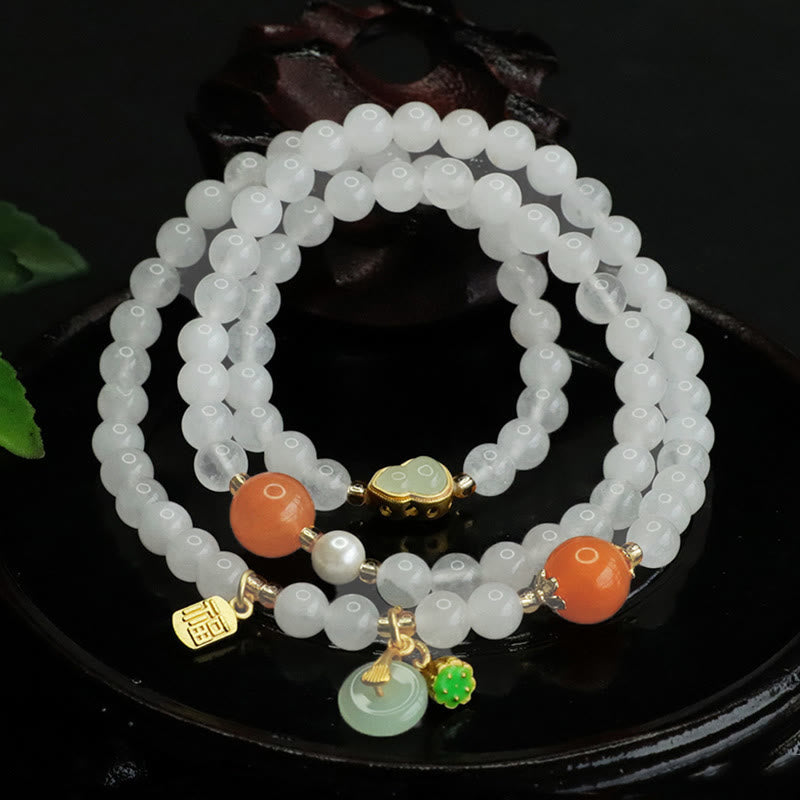 Buddha Stones Naturalny Biały Jadeit Wielowarstwowa Tykwa Klamra Pokoju Fu Charakter Bransoletka Szczęścia