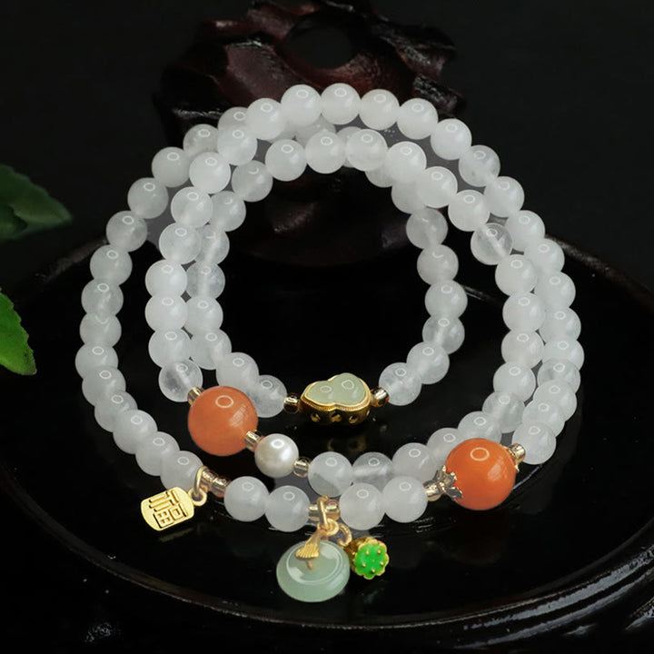 Buddha Stones Naturalny Biały Jadeit Wielowarstwowa Tykwa Klamra Pokoju Fu Charakter Bransoletka Szczęścia