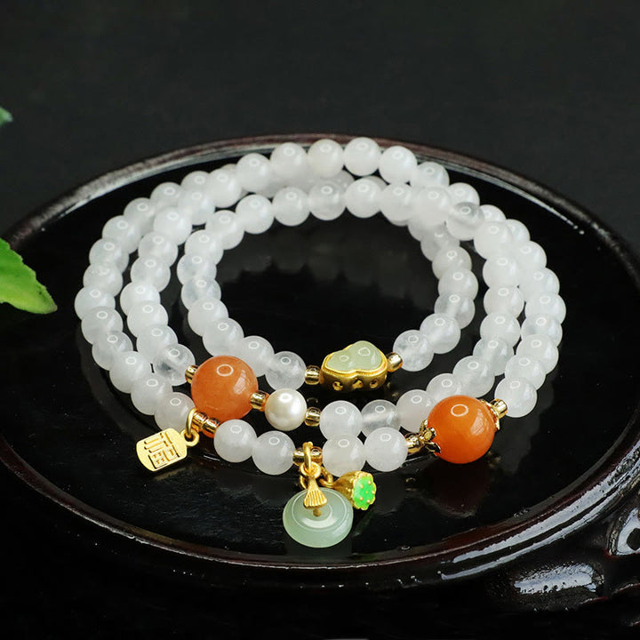 Buddha Stones Naturalny Biały Jadeit Wielowarstwowa Tykwa Klamra Pokoju Fu Charakter Bransoletka Szczęścia