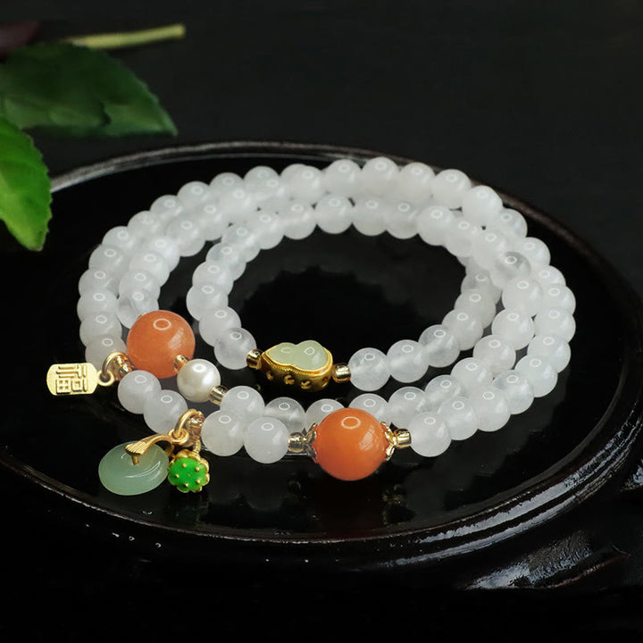 Buddha Stones Naturalny Biały Jadeit Wielowarstwowa Tykwa Klamra Pokoju Fu Charakter Bransoletka Szczęścia