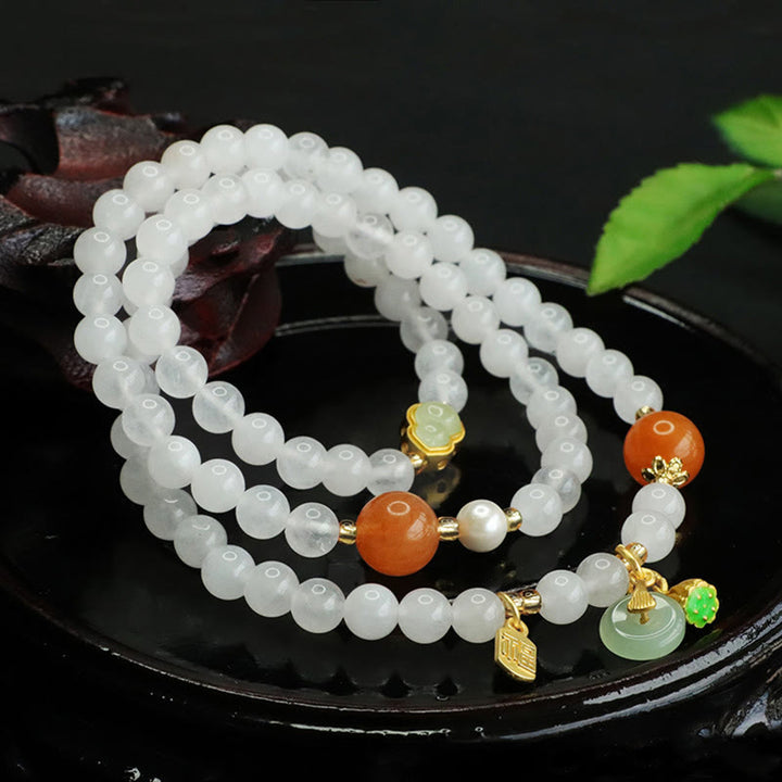 Buddha Stones Naturalny Biały Jadeit Wielowarstwowa Tykwa Klamra Pokoju Fu Charakter Bransoletka Szczęścia