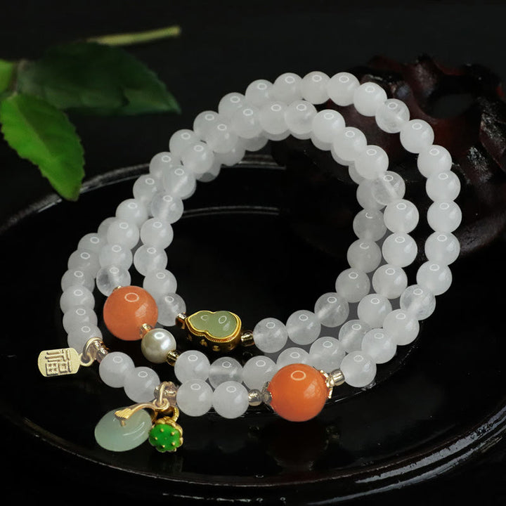 Buddha Stones Naturalny Biały Jadeit Wielowarstwowa Tykwa Klamra Pokoju Fu Charakter Bransoletka Szczęścia