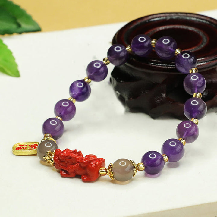 Buddha Stones Naturalny Ametyst Cynober Pi Xiu Fu Charakter Równowaga Bransoletka