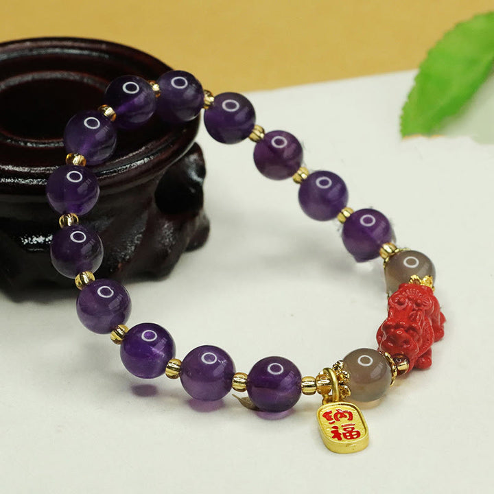 Buddha Stones Naturalny Ametyst Cynober Pi Xiu Fu Charakter Równowaga Bransoletka