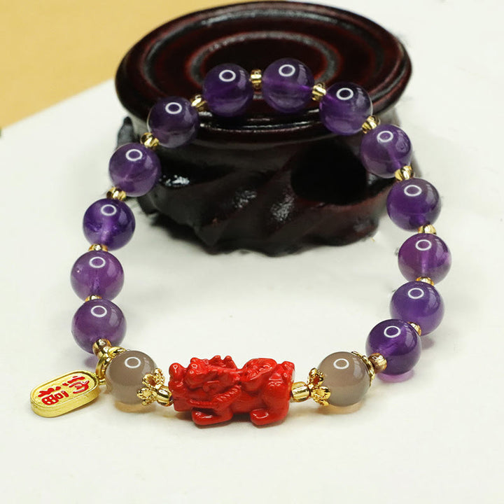 Buddha Stones Naturalny Ametyst Cynober Pi Xiu Fu Charakter Równowaga Bransoletka