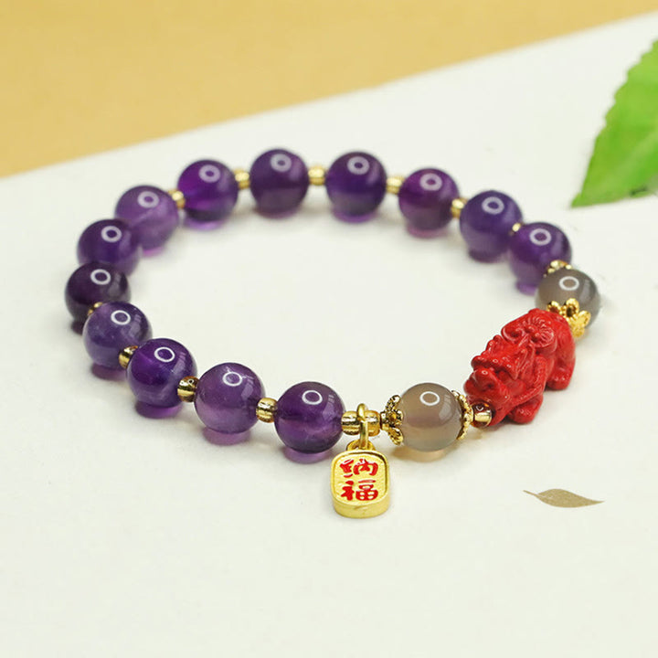 Buddha Stones Naturalny Ametyst Cynober Pi Xiu Fu Charakter Równowaga Bransoletka
