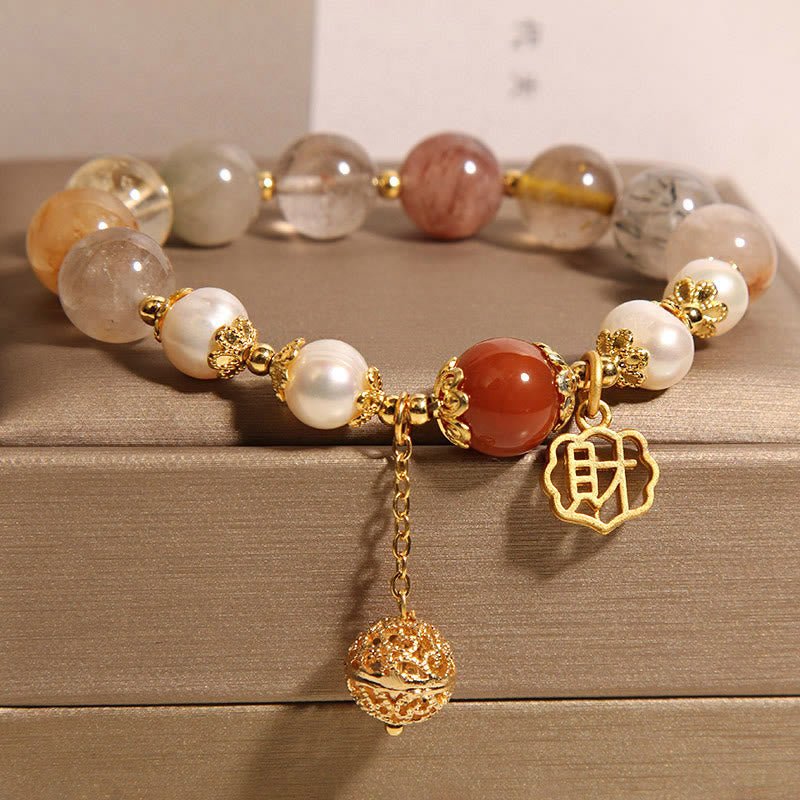 Bransoletka Buddha Stones Natural Rutilated Quartz Pearl Attract Fortune Wealth