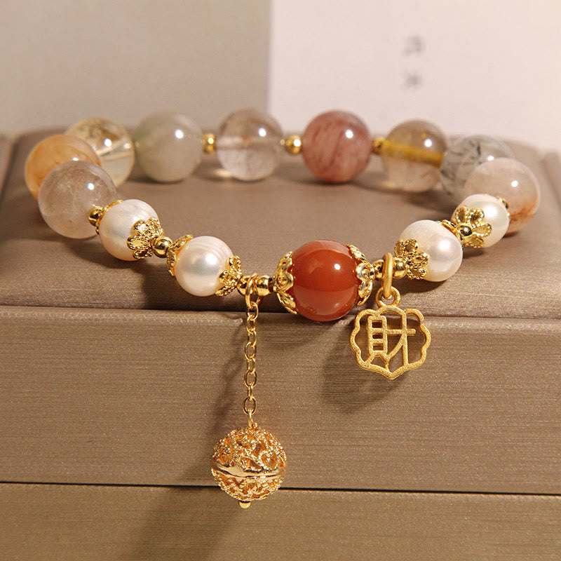 Bransoletka Buddha Stones Natural Rutilated Quartz Pearl Attract Fortune Wealth