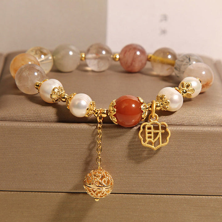 Bransoletka Buddha Stones Natural Rutilated Quartz Pearl Attract Fortune Wealth