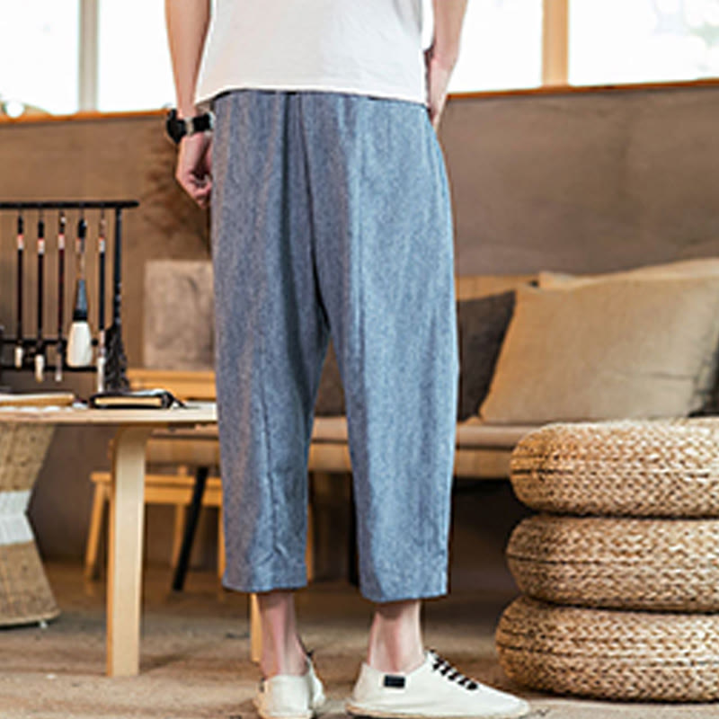 Buddha Stones Casual Jednokolorowe Spodnie Męskie Z Elastyczną Talią Z Przodu Bawełniane Lniane Z Kieszeniami - image 35