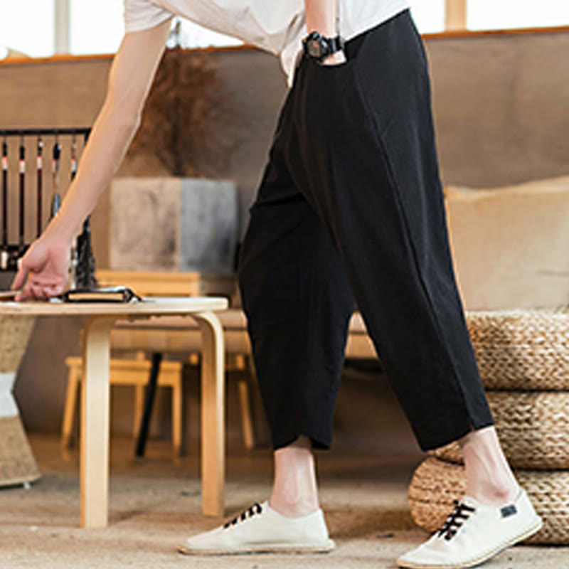 Buddha Stones Casual Jednokolorowe Spodnie Męskie Z Elastyczną Talią Z Przodu Bawełniane Lniane Z Kieszeniami - image 30