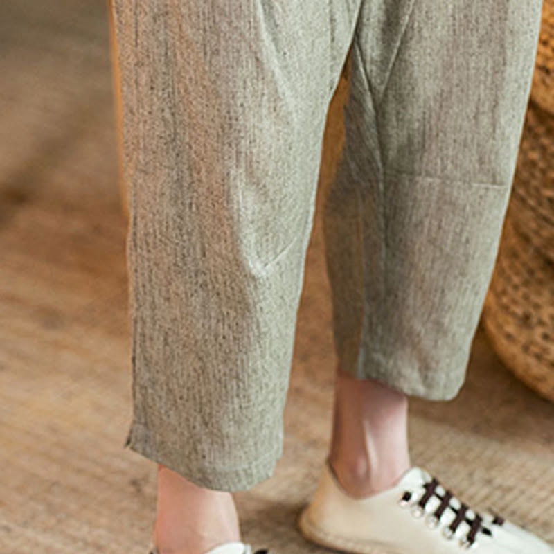 Buddha Stones Casual Jednokolorowe Spodnie Męskie Z Elastyczną Talią Z Przodu Bawełniane Lniane Z Kieszeniami - image 11