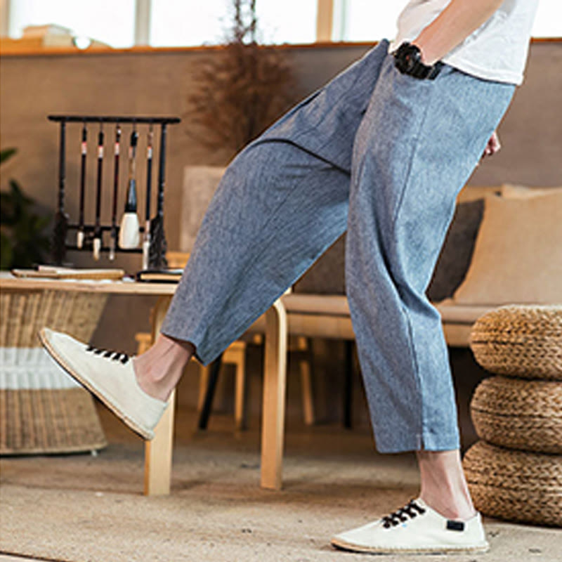 Buddha Stones Casual Jednokolorowe Spodnie Męskie Z Elastyczną Talią Z Przodu Bawełniane Lniane Z Kieszeniami - image 38