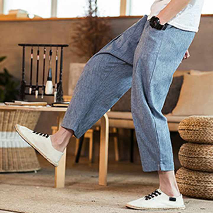 Buddha Stones Casual Jednokolorowe Spodnie Męskie Z Elastyczną Talią Z Przodu Bawełniane Lniane Z Kieszeniami - image 38