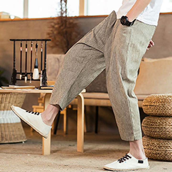 Buddha Stones Casual Jednokolorowe Spodnie Męskie Z Elastyczną Talią Z Przodu Bawełniane Lniane Z Kieszeniami - image 6
