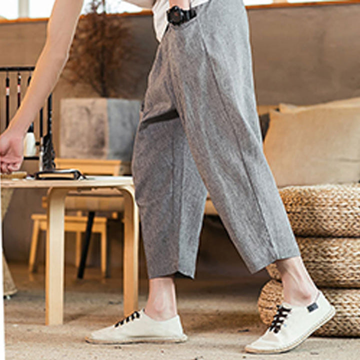 Buddha Stones Casual Jednokolorowe Spodnie Męskie Z Elastyczną Talią Z Przodu Bawełniane Lniane Z Kieszeniami - image 23