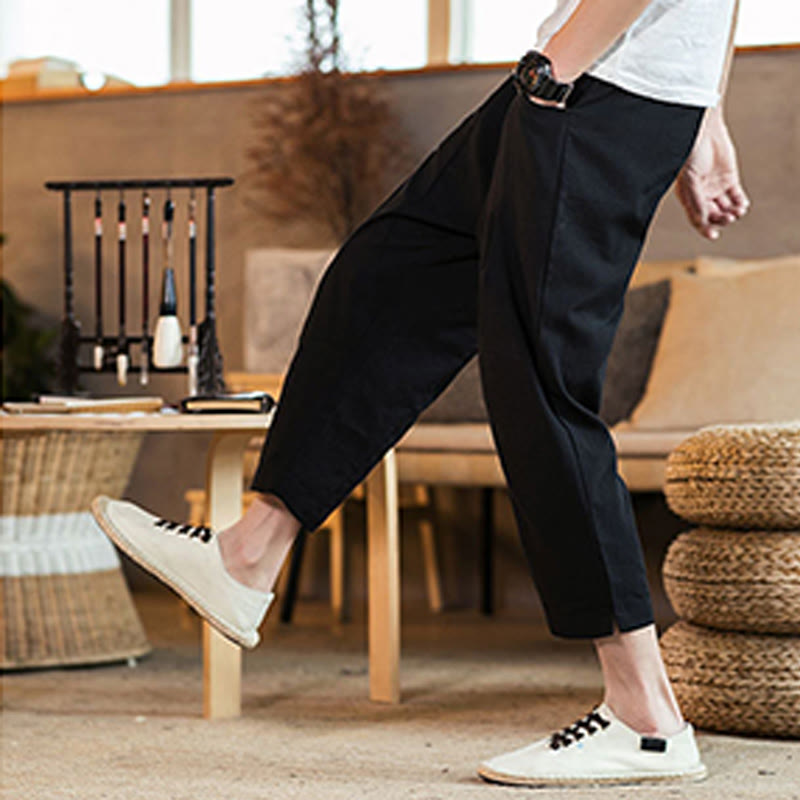 Buddha Stones Casual Jednokolorowe Spodnie Męskie Z Elastyczną Talią Z Przodu Bawełniane Lniane Z Kieszeniami - image 31