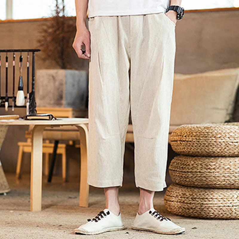 Buddha Stones Casual Jednokolorowe Spodnie Męskie Z Elastyczną Talią Z Przodu Bawełniane Lniane Z Kieszeniami - image 41