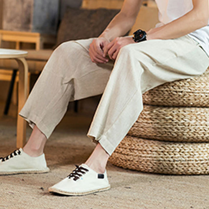 Buddha Stones Casual Jednokolorowe Spodnie Męskie Z Elastyczną Talią Z Przodu Bawełniane Lniane Z Kieszeniami - image 46