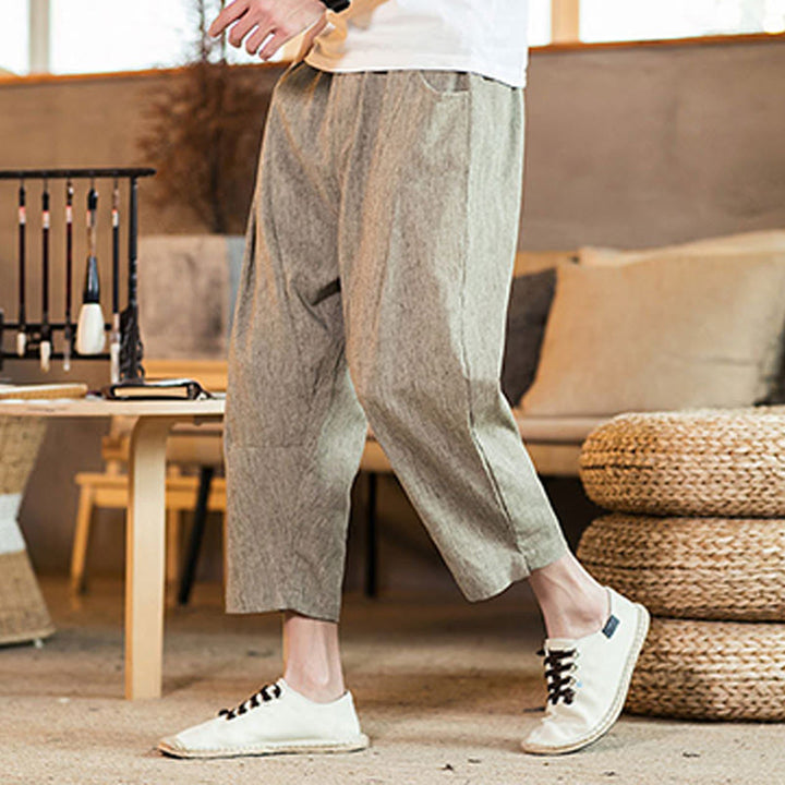 Buddha Stones Casual Jednokolorowe Spodnie Męskie Z Elastyczną Talią Z Przodu Bawełniane Lniane Z Kieszeniami - image 1