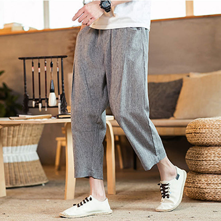 Buddha Stones Casual Jednokolorowe Spodnie Męskie Z Elastyczną Talią Z Przodu Bawełniane Lniane Z Kieszeniami - image 20