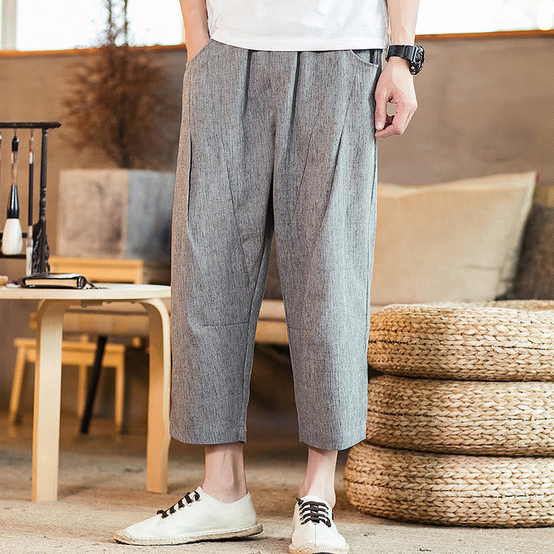 Buddha Stones Casual Jednokolorowe Spodnie Męskie Z Elastyczną Talią Z Przodu Bawełniane Lniane Z Kieszeniami - Ciemnoszary - US/UK/AU46， EU56 (5XL) - image 19