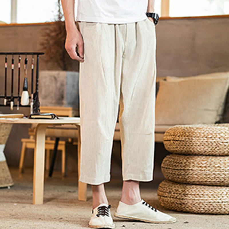Buddha Stones Casual Jednokolorowe Spodnie Męskie Z Elastyczną Talią Z Przodu Bawełniane Lniane Z Kieszeniami - image 43
