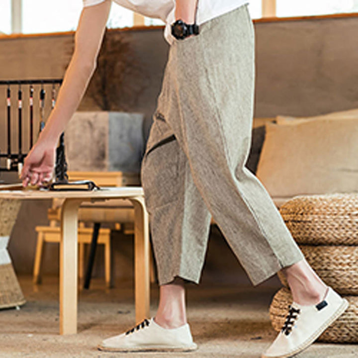 Buddha Stones Casual Jednokolorowe Spodnie Męskie Z Elastyczną Talią Z Przodu Bawełniane Lniane Z Kieszeniami - image 5