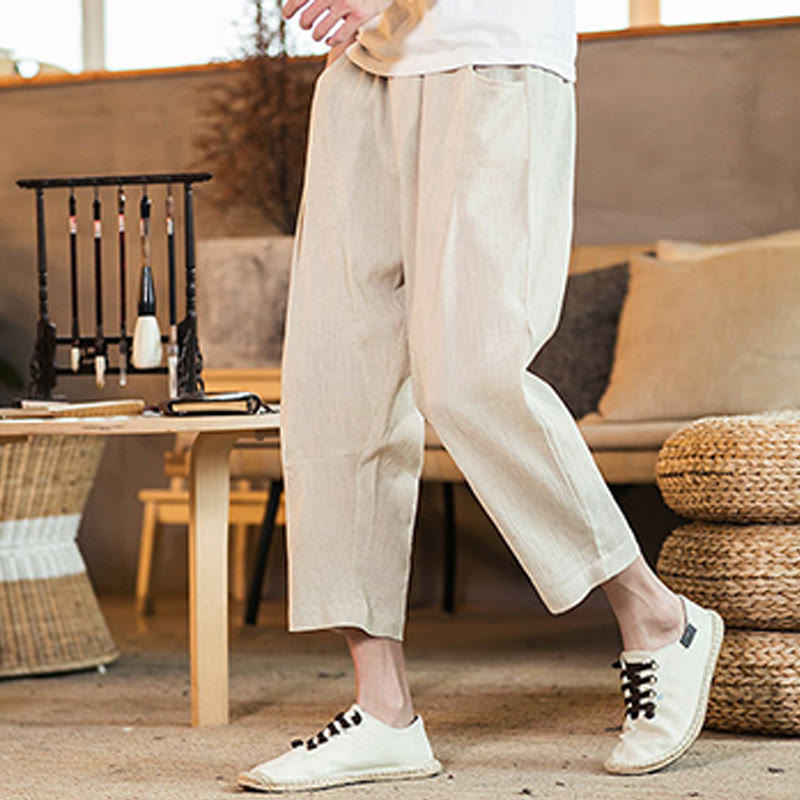 Buddha Stones Casual Jednokolorowe Spodnie Męskie Z Elastyczną Talią Z Przodu Bawełniane Lniane Z Kieszeniami - image 44