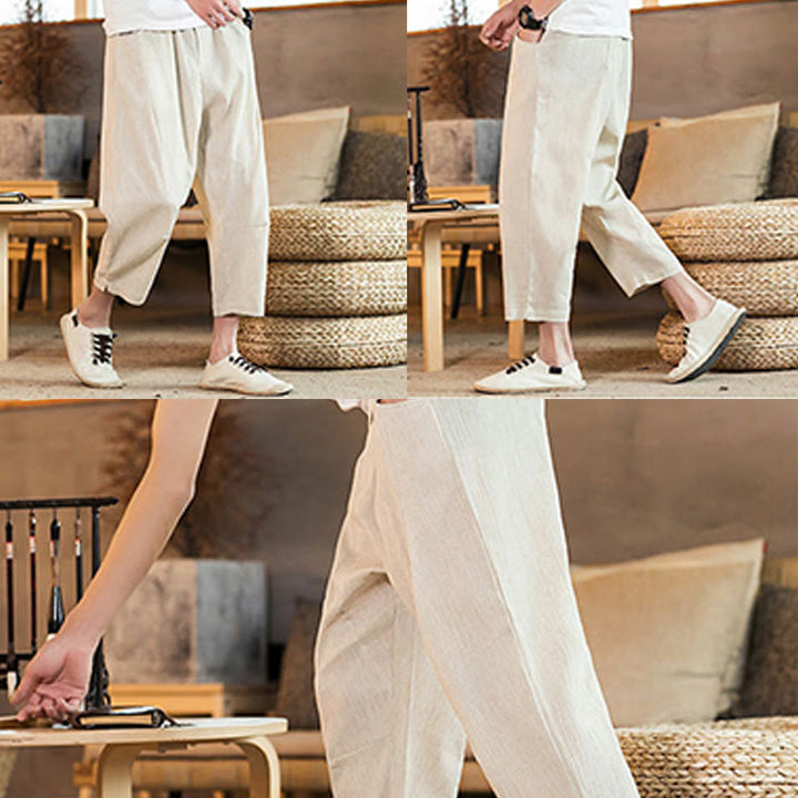 Buddha Stones Casual Jednokolorowe Spodnie Męskie Z Elastyczną Talią Z Przodu Bawełniane Lniane Z Kieszeniami - image 47