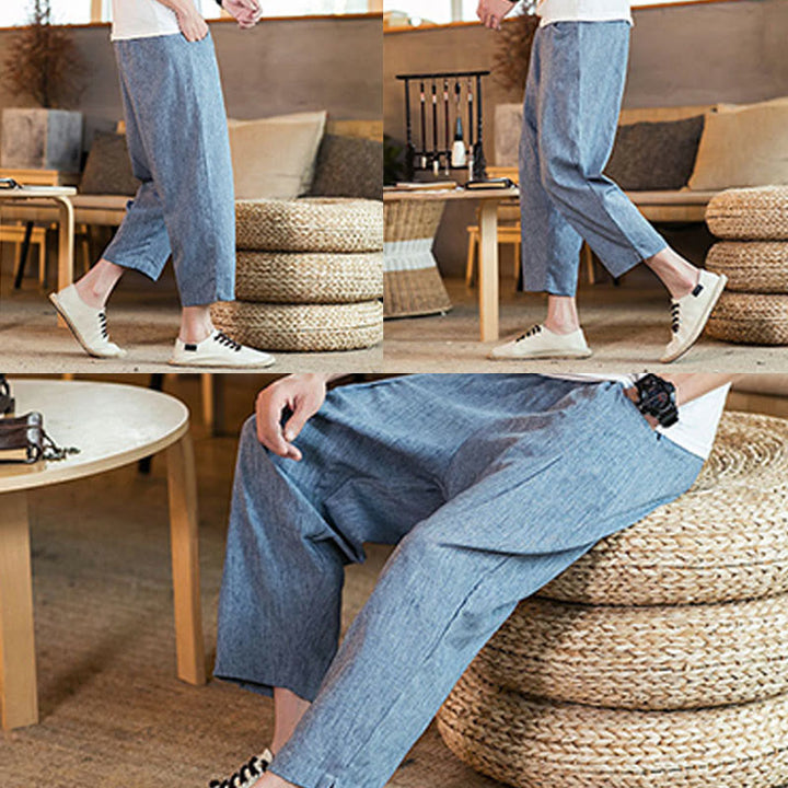 Buddha Stones Casual Jednokolorowe Spodnie Męskie Z Elastyczną Talią Z Przodu Bawełniane Lniane Z Kieszeniami - image 39