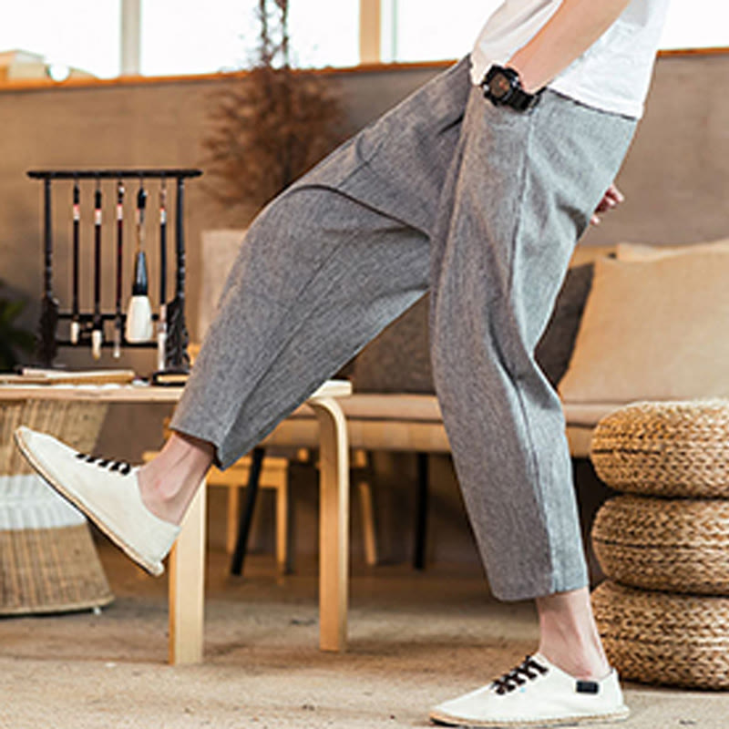 Buddha Stones Casual Jednokolorowe Spodnie Męskie Z Elastyczną Talią Z Przodu Bawełniane Lniane Z Kieszeniami - image 24