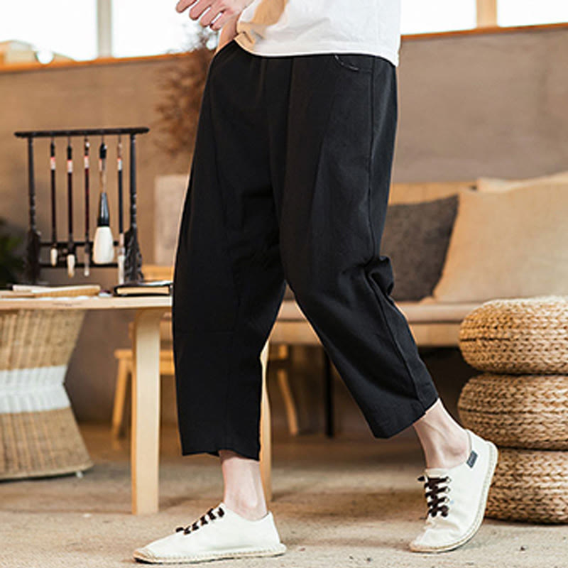 Buddha Stones Casual Jednokolorowe Spodnie Męskie Z Elastyczną Talią Z Przodu Bawełniane Lniane Z Kieszeniami - image 28
