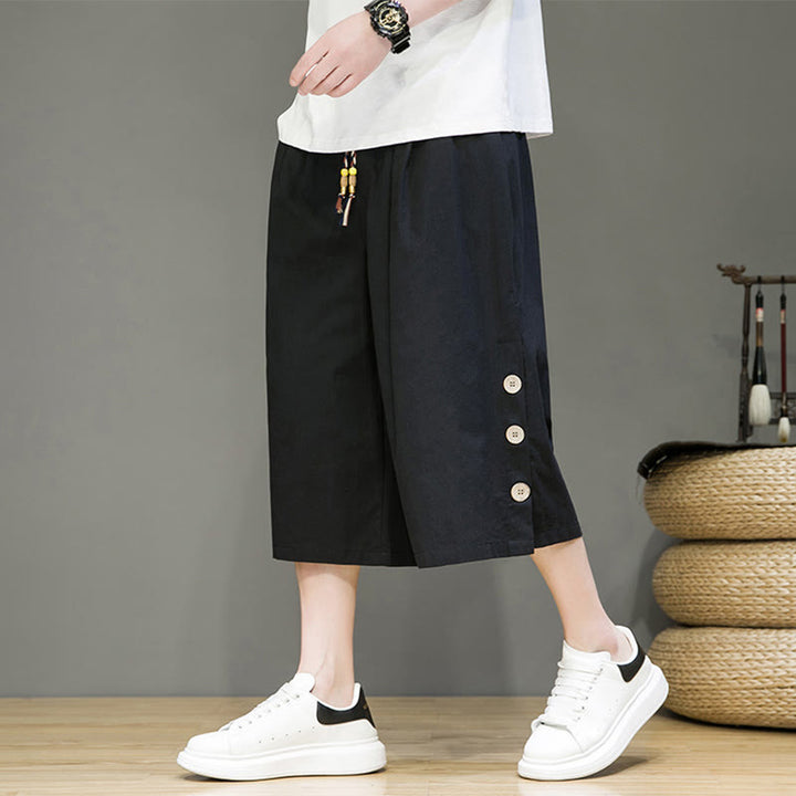Spodnie męskie z bawełny z kieszeniami i ściągaczem Buddha Stones Casual Plain Side Button Design Drawstring - image 9