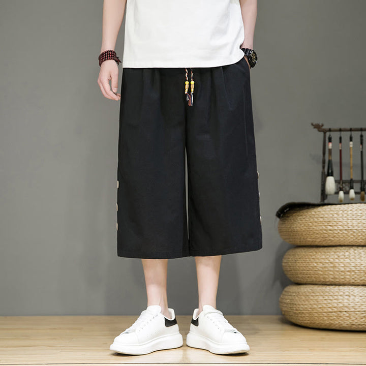 Spodnie męskie z bawełny z kieszeniami i ściągaczem Buddha Stones Casual Plain Side Button Design Drawstring - Czarny - US/UK/AU46， EU56 (5XL) - image 8