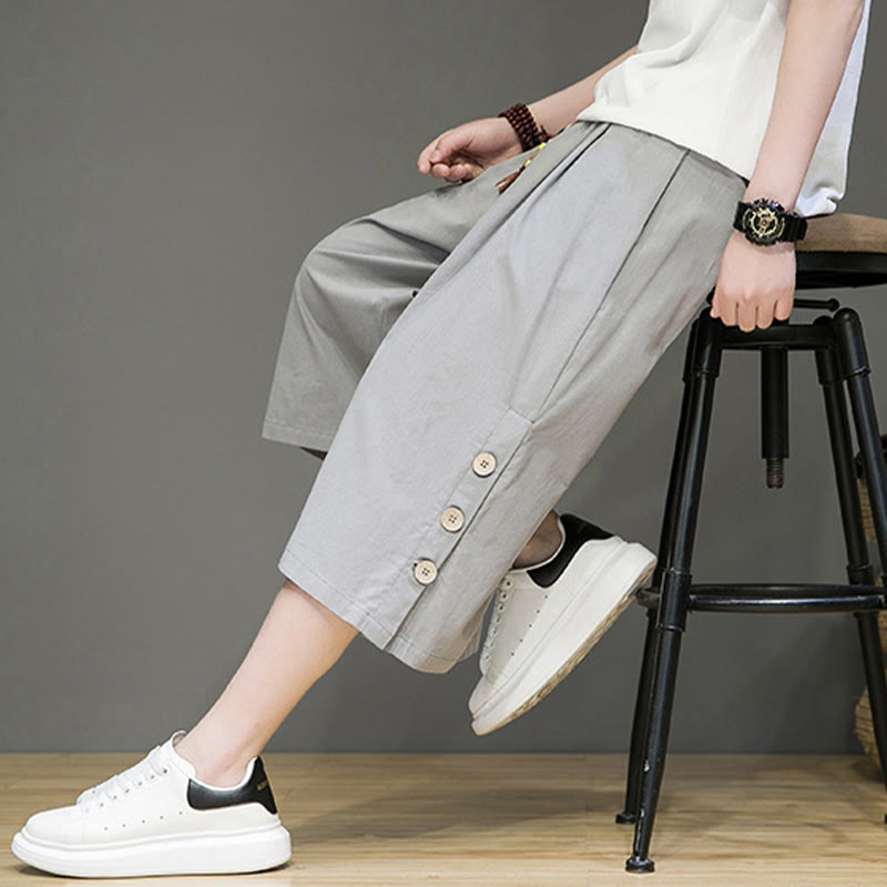 Spodnie męskie z bawełny z kieszeniami i ściągaczem Buddha Stones Casual Plain Side Button Design Drawstring