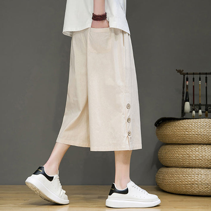 Spodnie męskie z bawełny z kieszeniami i ściągaczem Buddha Stones Casual Plain Side Button Design Drawstring - image 2