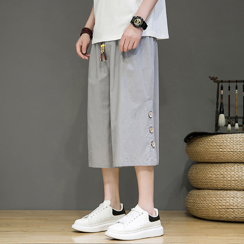 Spodnie męskie z bawełny z kieszeniami i ściągaczem Buddha Stones Casual Plain Side Button Design Drawstring