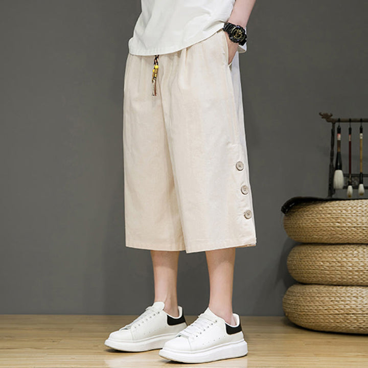 Spodnie męskie z bawełny z kieszeniami i ściągaczem Buddha Stones Casual Plain Side Button Design Drawstring - image 3