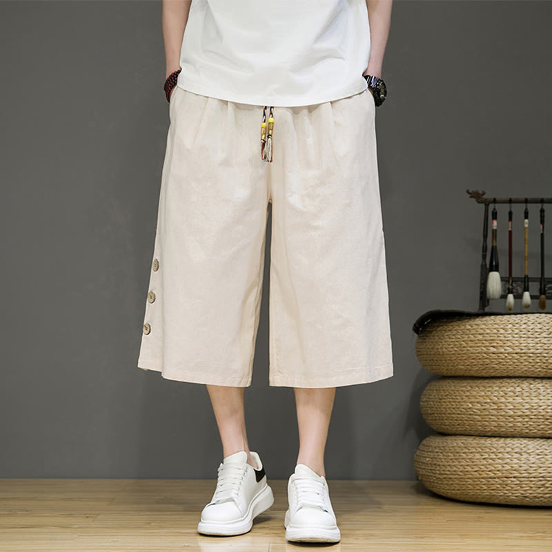 Spodnie męskie z bawełny z kieszeniami i ściągaczem Buddha Stones Casual Plain Side Button Design Drawstring - Beżowy - US/UK/AU46， EU56 (5XL) - image 0