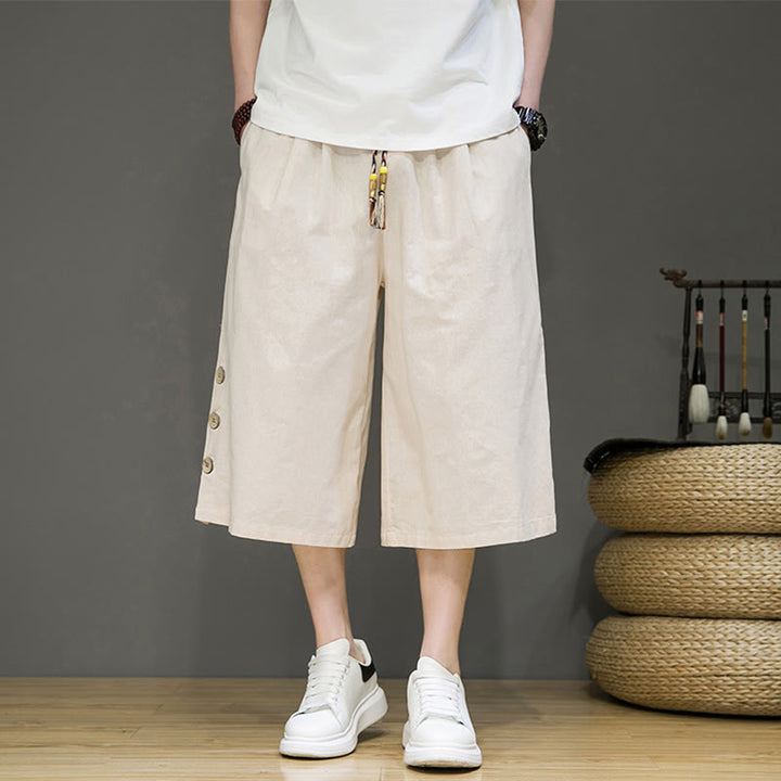 Spodnie męskie z bawełny z kieszeniami i ściągaczem Buddha Stones Casual Plain Side Button Design Drawstring - Beżowy - US/UK/AU46， EU56 (5XL) - image 0